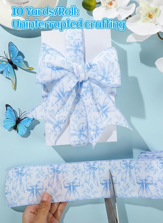 EORTA 10 Yard Flower Wired Edge Ribbon 2-1/2 inch with Bowknot, Bendable Craft Ribbon for Gift Bows, Floral Arrangements, Wreaths, Wedding Decor, Blue - Image 4